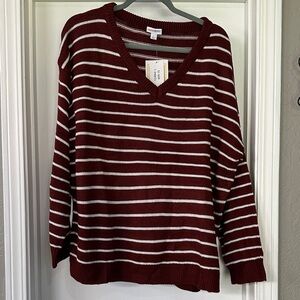 LuLaRoe Torrie Burgundy and White Striped V-Neck Sweater